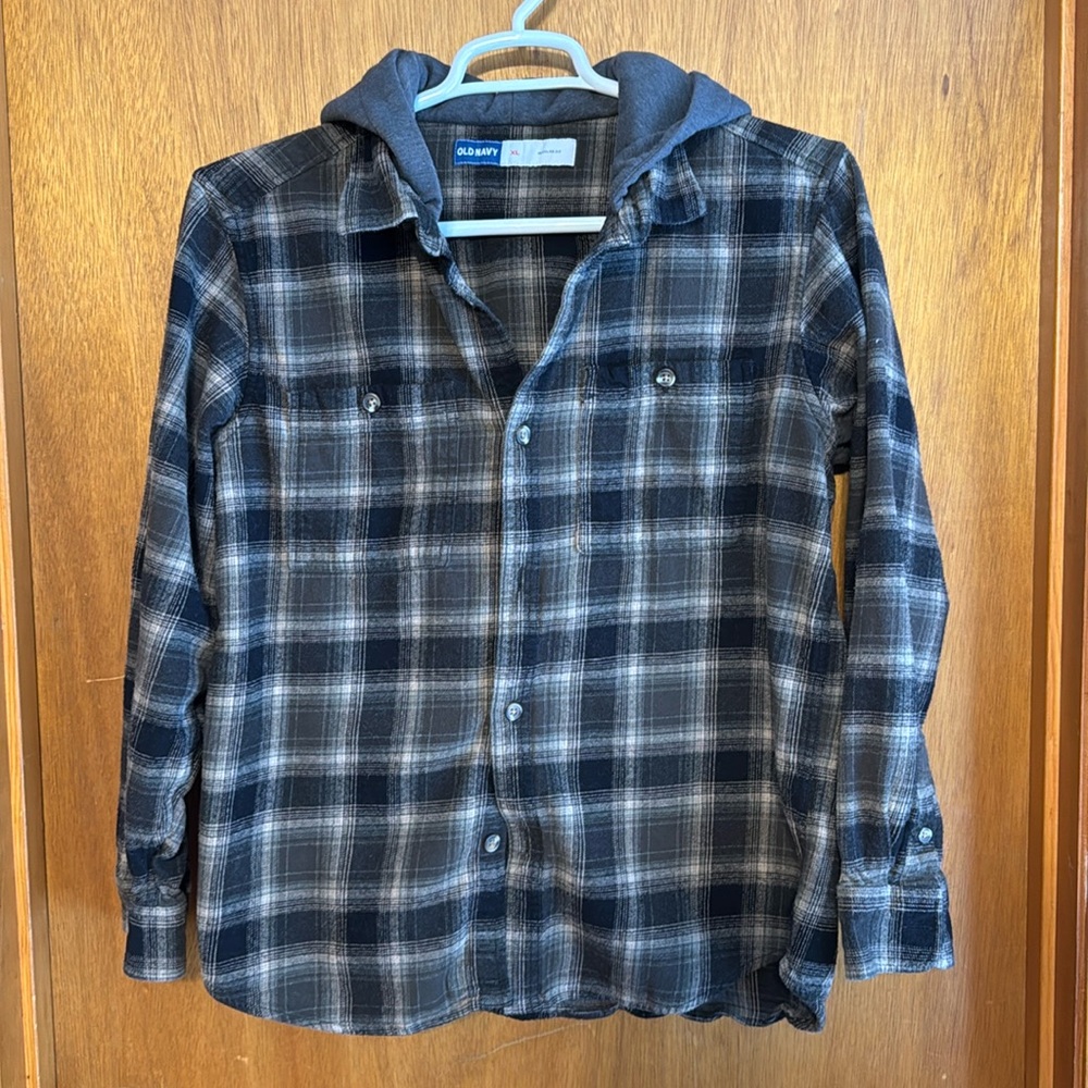 Men’s Plaid Flannell Shirt w/Hood Shacket Excellent Condition XL